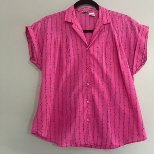 Vintage Grand Design Pink Geometric Stripe Button Up Blouse Short Sleeve Size 10